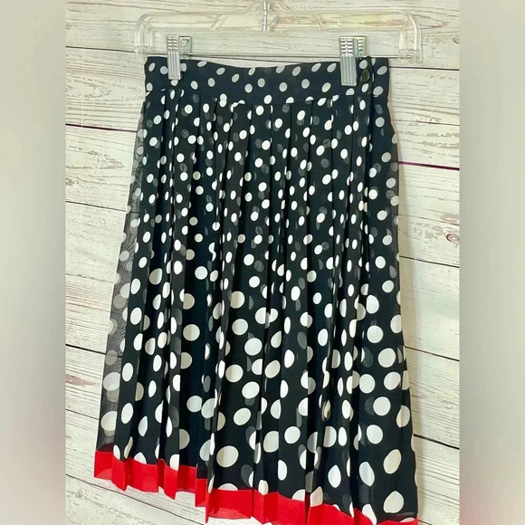 90s Flowy A- Line Vintage Express Pleated Chiffon Polka Dot Knee Length Skirt - Picture 3 of 9